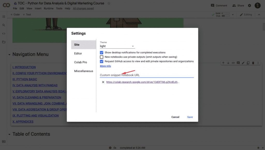 colab custom code snippet setting