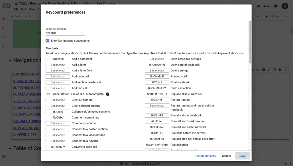 google colab keyboard preference