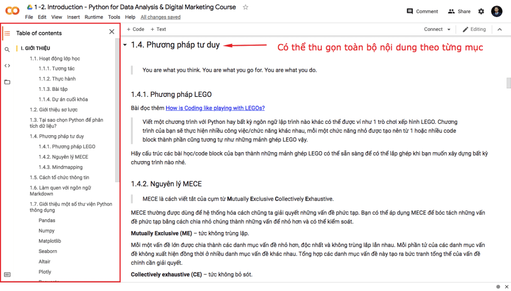 google colab table of contents