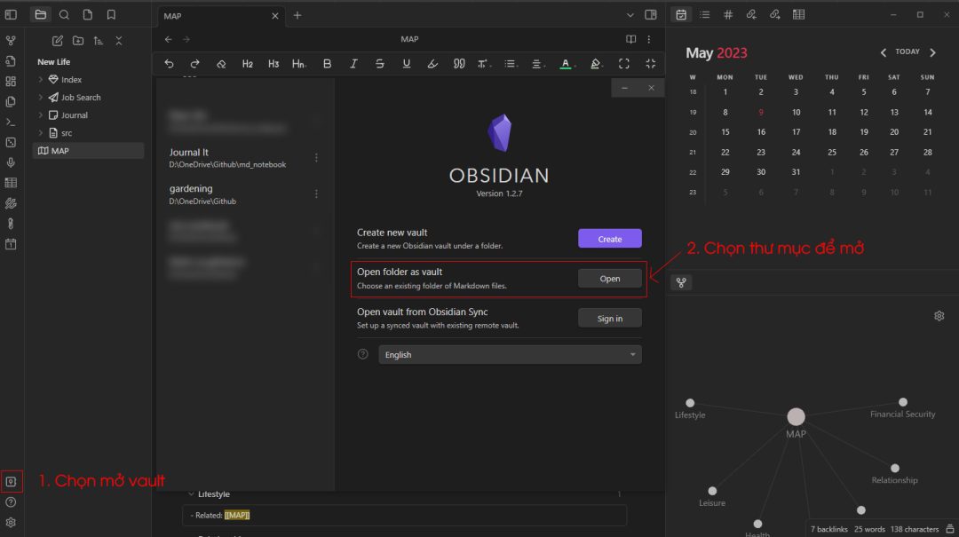 Chọn thư mục lưu trữ ghi chú trong Obsidian. Open as Vault