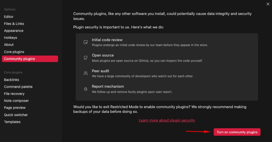 Cho phép sử dụng Community Plugin trên Obsidian
