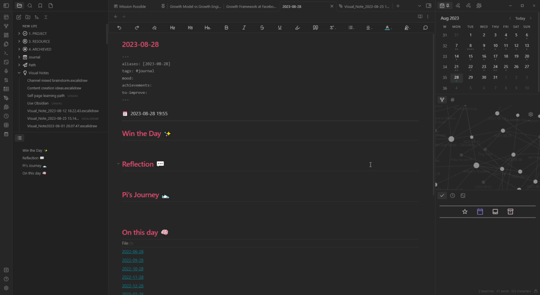 Giao diện của Obsidian khi cài đặt theo Vault mẫu Obsidian Go V3