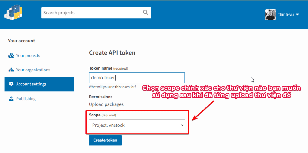 Tạo API token từ Pypi.org để upload thư viện